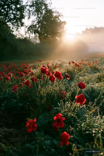 Red flowers bloom in morning light in a misty field
