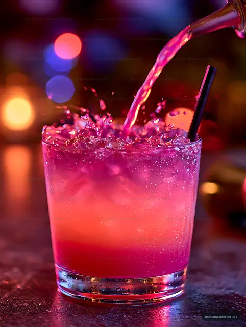 Vibrant pink drink splashing beside saxophone