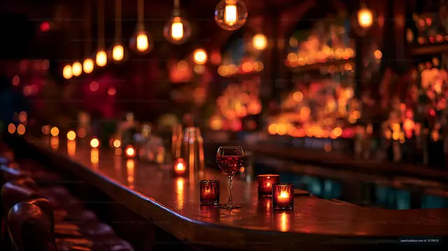 Moody bar counter with wine glass, candles, and ambient lights