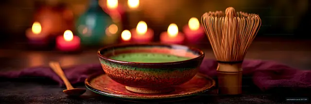 Rustic green tea still life with whisk and candles