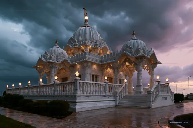 Illuminated ornate temple after rain beneath dark clouds