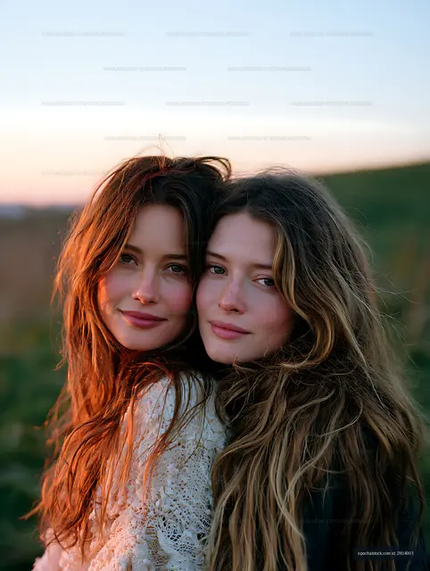 Two friends sharing a close outdoor portrait at sunset