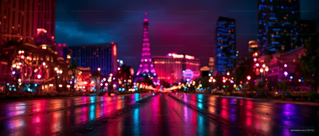 Neon reflections on a rainy urban avenue at night