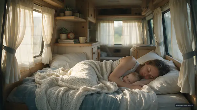 Mother and baby asleep in a cozy camper van