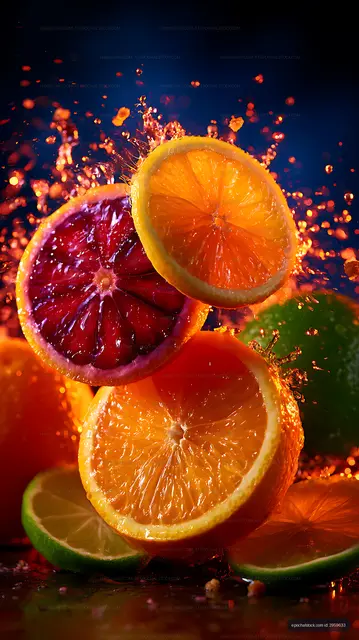 Close-up citrus slices surrounded by splash