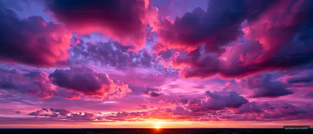 Vivid panoramic sunset sky with layered dramatic clouds