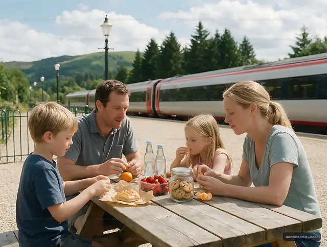 Family sharing a picnic beside a train station