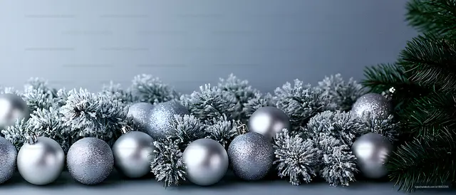 Silver baubles nestled in snowy evergreen branches