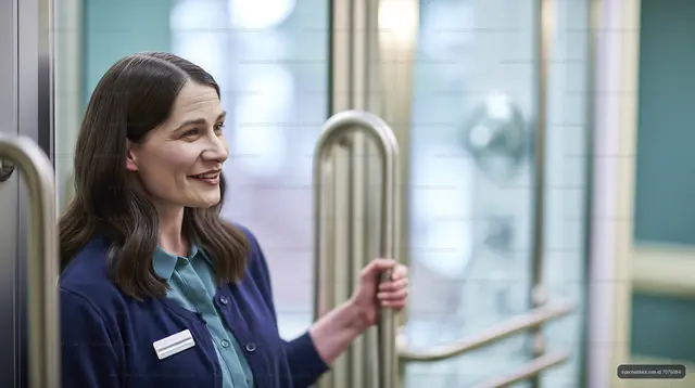 Woman smiling while holding an elevator handrail