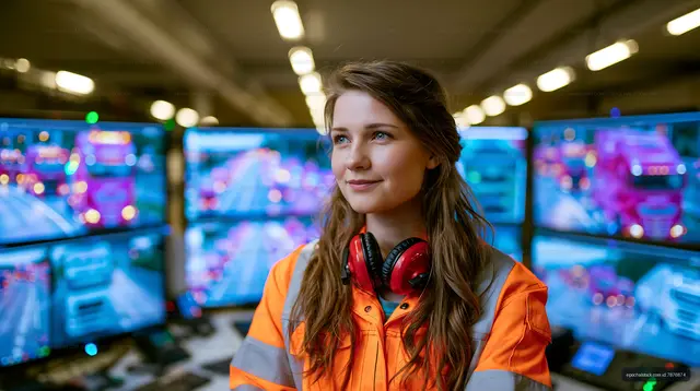 Woman wearing safety clothing in a high-tech control room