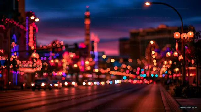 Vibrant blurred city lights on a wet road