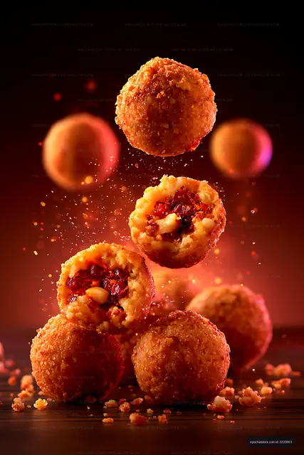 Crispy filled pastry balls in warm dramatic light