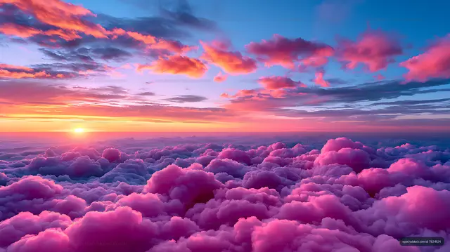 Dreamlike pink clouds beneath a glowing sunset