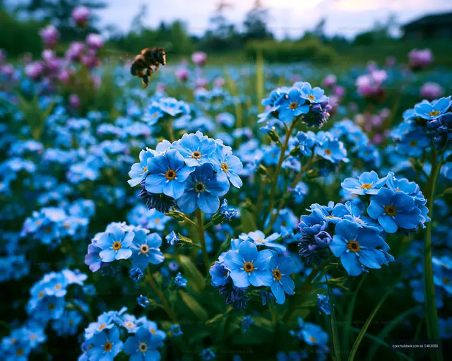Bees pollinating blue flowers in a field during sunset