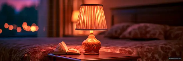Elegant bedside scene with illuminated lamp and open book