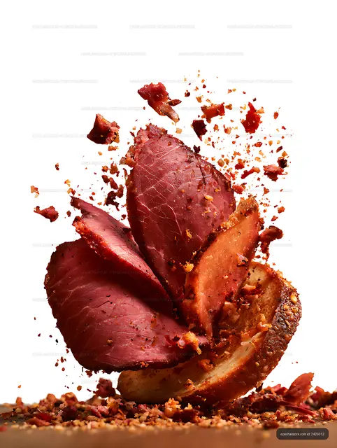 Dynamic sliced roast beef and roasted meat with crumbs