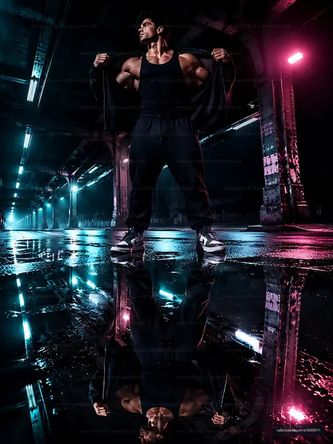 Muscular man posing in urban setting with reflections in water