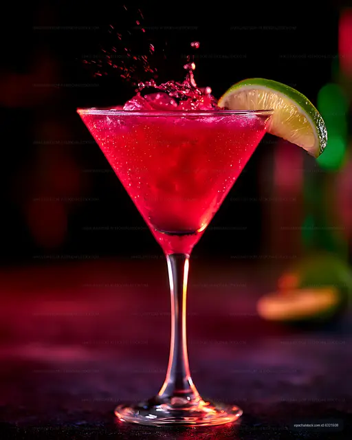 Dramatic red cocktail with lime garnish