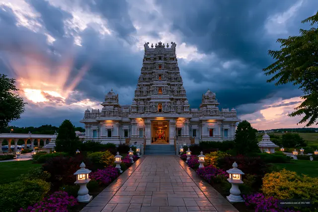 Ornate temple entrance glowing beneath sunset storm clouds