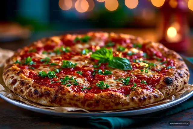 Cheese pizza with tomato sauce and fresh herbs on tray
