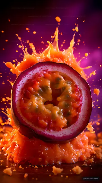 Passion fruit surrounded by a dramatic orange splash
