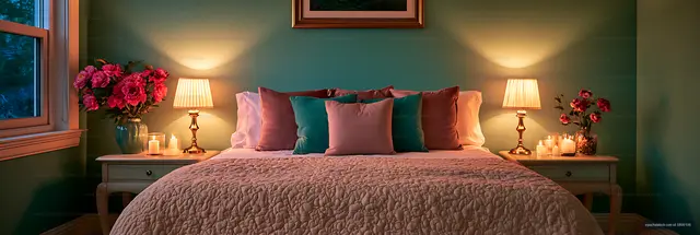 Elegant cozy bedroom interior with colorful pillows and soft lighting