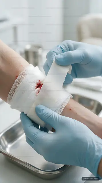 Gloved caregiver dressing a workplace arm injury