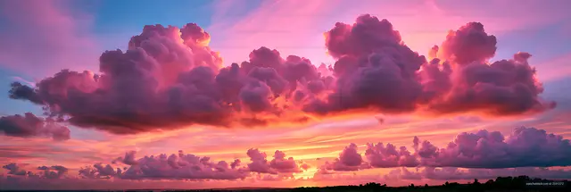 Dramatic panoramic sunset sky with glowing clouds