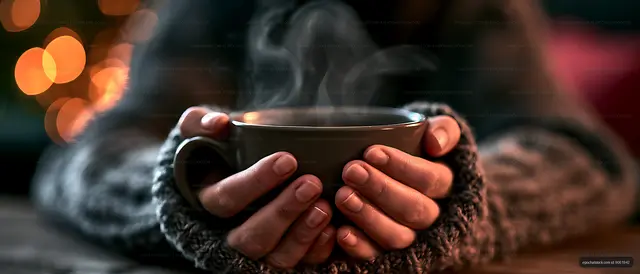 Cozy close-up of a person holding a steaming cup