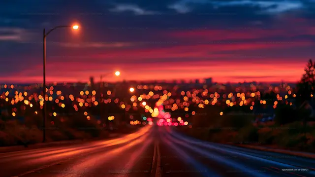 Vivid bokeh traffic on a wet city road at dusk