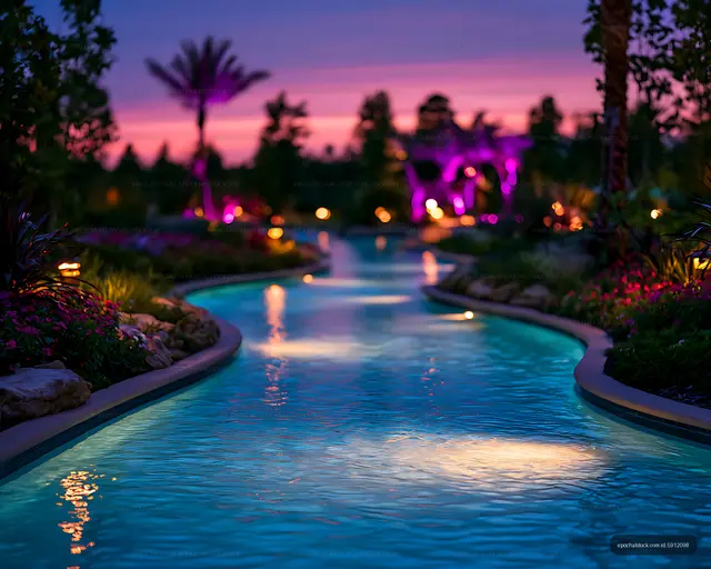 Curved resort pool with colorful evening reflections