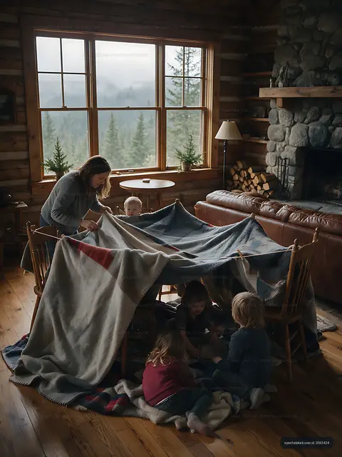 Mother and children making a blanket fort indoors