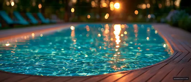 Warm evening light reflecting across a turquoise pool