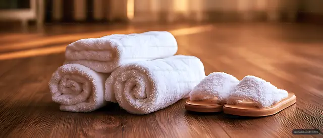 Spa towels and wooden slippers on a wooden floor