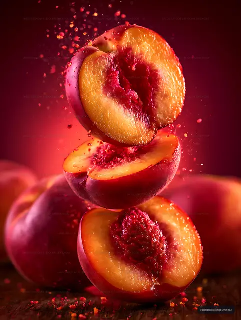 Vibrant sliced peaches surrounded by suspended fruit droplets