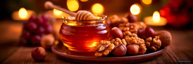 Golden honey in a glass jar with nuts and candlelight