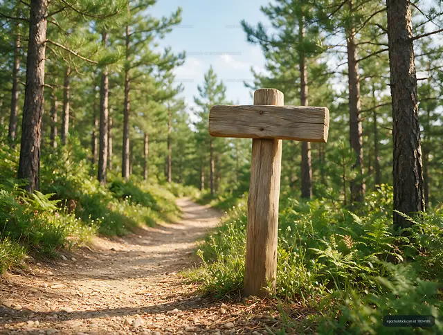 Rustic trail sign in a sunlit pine woodland