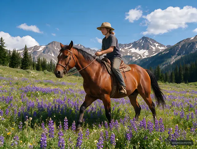 Horse and rider in a colorful alpine meadow