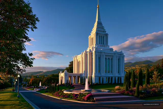 White temple surrounded by gardens and mountain hills