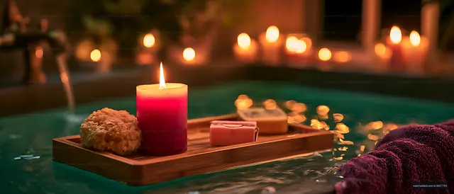 Relaxing spa scene with floating tray and candle