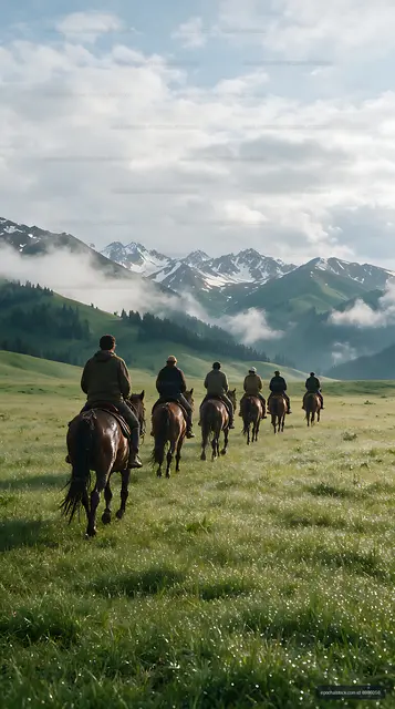 Six riders on horseback in an alpine meadow