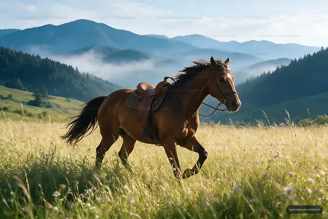 Horse Moving Through a Mountain Meadow