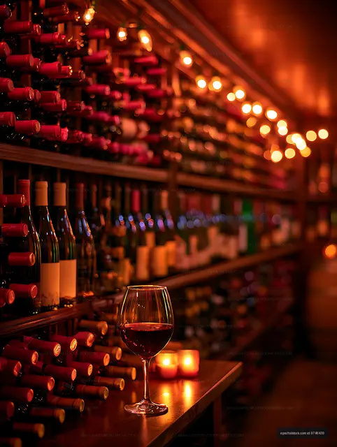 Atmospheric wine cellar with red wine and candlelight