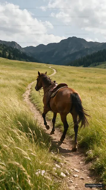 Saddled Horse on a Scenic Mountain Trail