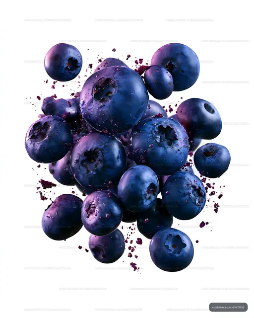 Ripe Blueberries and Scattered Juice on White