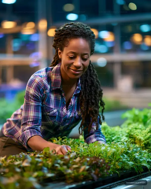 Woman working in a greenhouse with fresh greens