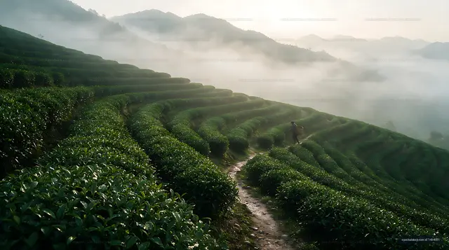 Misty mountain slopes with terraced green fields