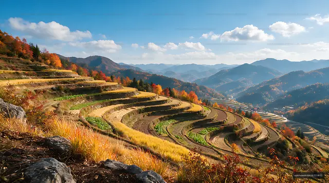 Terraced farmland on autumn mountain slopes
