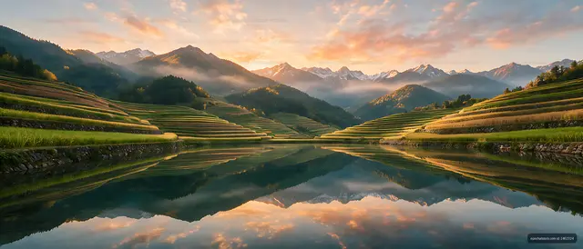 Sunset mountain landscape with terraced farmland