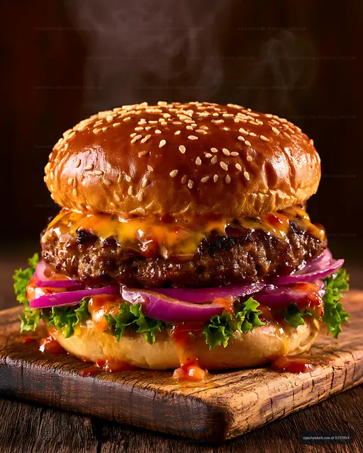 Close-up gourmet burger with melted cheese and vegetables
